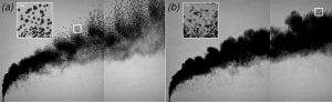 A comparison of an oil plume without dispersant (left or a) and one with dispersant at a 1:100 dispersant to oil ratio (right or b). The insets show typical droplet sizes in magnified sections corresponding to the white squares. Image credit David Murphy.