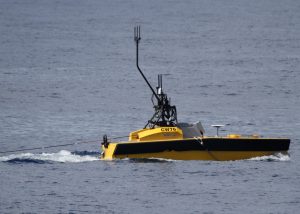 An autonomous surface vehicle (ASV C-Worker 6) conducts passive acoustic monitoring in the northern Gulf of Mexico, summer 2017. Photo credit: Chris Pierpoint, LADC-GEMM consortium