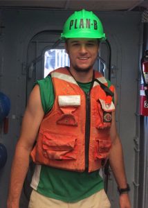 Andy onboard the R/V Endeavor’s aft deck in summer 2015. He earned the nickname “Plan-B” after joining the crew last minute to replace an ill researcher and, while there, discovered his passion for ECOGIG’s research and made it the focus of his graduate work. (Photo credit: Kurt Rethorn)