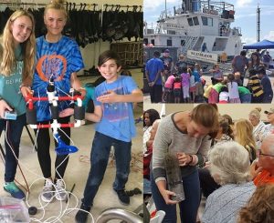 Education and outreach include a wide variety of activities. Students (left photo) proudly display the ROV that they built at the University of Georgia’s Ocean Discovery Camp 2018 (photo provided by ECOGIG). Members of a local Boy’s and Girl’s Club (top right photo) test ROVs that they built before they toured the R/V Endeavor as part of Worlds Ocean Day 2015 (photo provided by ECOGIG). Graduate student Alice Kleinhiuzen (bottom right photo) shows a marsh core to a public audience during a Boardwalk Talk series (photo provided by ACER).