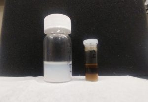 Tulane University Ph.D. student Chris Keller is developing an oil dispersant system that combines nanoparticles with polymer surfactant molecules. This photo depicts (left) a stock solution of the nanoparticles he uses dispersed in water and (right) phase separated oil (top) and water (bottom) layers after stirring the stock solution with crude oil for 72 hours. (Photo by Dr. Curtis Jarand)
