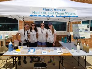 (L-R) Virginia Institute of Marine Science post-doc Linlin Cui, Ph.D. student Jessica Turner, master’s student Cristin Wright, and Ph.D. student Danielle Tarpley man a booth at the Institute’s Marine Science Day in May 2019. (Provided by Danielle Tarpley)