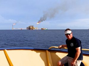 Dr. David Hollander aboard the R/V Justo Sierra sampling in 2015 near the site of the 1979 Ixtoc-1 oil well blowout in Campeche, Mexico. Image courtesy of the C-IMAGE consortium.