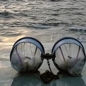 Bongo nets, used for collectiong zooplankton, ready for deployment off the aft U-frame of the R/V Weatherbird II. (Credit: Bo Yang, Ph.D. student, USF College of Marine Science)