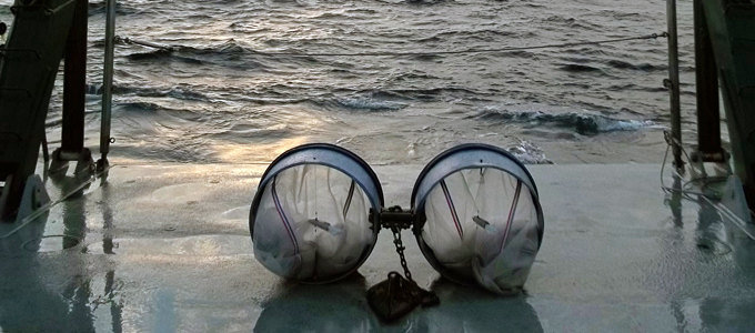 BongoNetsReadyForDeployment100_0689-headline Bongo nets, used for collectiong zooplankton, ready for deployment off the aft U-frame of the R/V Weatherbird II. (Credit: Bo Yang, Ph.D. student, USF College of Marine Science)