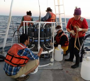 Onboard the R/V Bellows, researchers collect water samples taken at various depths from the CTC rosette for microscopic identification, nutrient chemistry, DNA extraction for microbial community structure of prokaryotes and eukaryotes, and for primary and bacteria production rates. From L-R: Mohammed Aljahdali (FSU student), Arjun Adhikari (Valdosta State student), Jim Nienow (PI at Valdosta State), Alexander Ren and Lois O’Boyle (UWF students). (Photo by Richard Snyder / UWF)