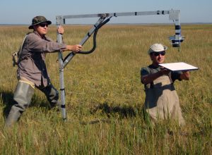 Graduate students Chris Downs and Paul Merani (MSU) are calibrating the remote sensor prior to collecting satellite imagery data of marsh vegetation (Credit: D. Mishra, MSU)