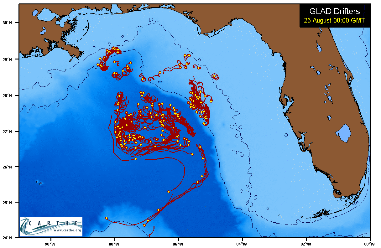 The diamond shape shows the center of Isaac, while yellow circles mark the position of CARTHE drifters with three-day long trajectories. 24 August 00:00 GMT to 30 August 12:00 GMT.