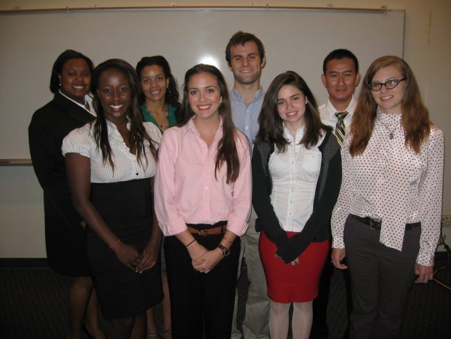 IMG_2813 C-MEDS undergraduate interns presented their work at the 2012 Summer Research Academy Symposium. From left to right, front row: Julie Kaiga, Elise Mills, Sinead Holleran, Melanie Sebastian; back row: Ta’Ryan Lloyd, Aurielle Modster, Brian Broom-Peltz, Steven Nguyen. Not pictured: Tyler Nesmith, Nicholas Altieri, and Rebecca Tamayo. Photo Credit: David Maag, Tulane