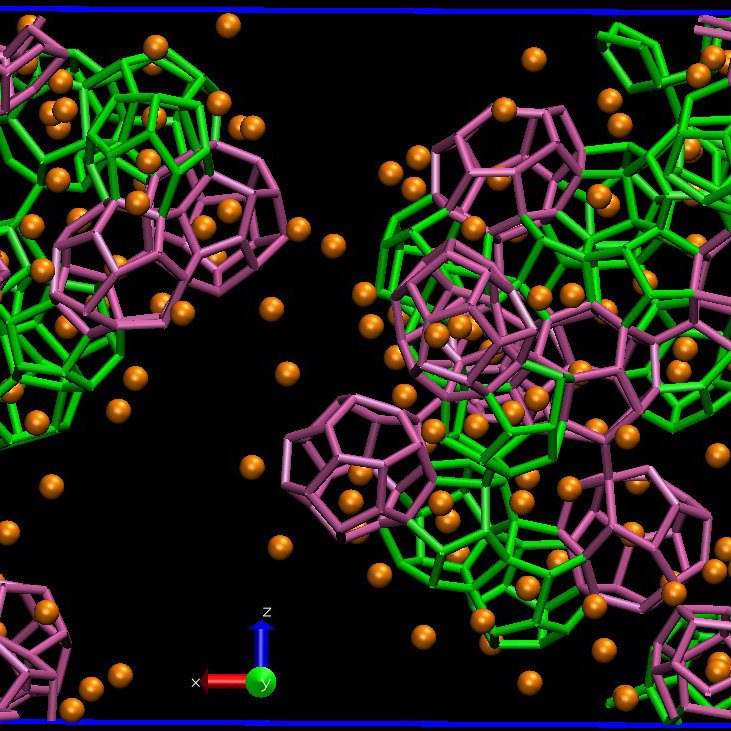 ChemHerdingStory_R1-Cage-WMet-1000ns Snapshot of a molecular dynamics simulation of methane hydrate formation showing water cages consisting of twelve pentagonal faces (green), twelve pentagonal and two hexagonal faces (pink) and twelve pentagonal and three hexagonal faces (orange). Methane molecules are shown in orange spheres. Water molecules that do not form a cage are not shown. The temperature and pressure are 240K and 200 bar, respectively. (Picture courtesy of Dr. Sapna Sarupria)