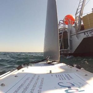 The Deep-C SailBuoy sets sail after researchers launched it from the Florida State University Coastal and Marine Laboratory’s RV Apalachee. Photo taken by camera on the SailBouy.