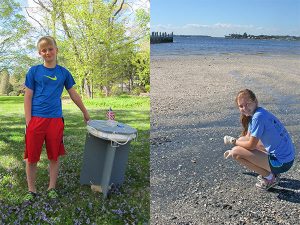 Left: 12-year old Kevin Telfer from Boston, MA, with the prototype drifter buoy he and a fellow science partner Harrison Reiter built and field tested for their science fair project titled, “Deployment of a Drifter Buoy in the Sudbury River: Prototype Design and Results.” (Photo by Brian Telfer) Right: High school sophomore Elizabeth Smithwick from Jacksonville, FL, collects soil samples along the St. Johns River for her science fair project titled, “The Isolation, Examination, and Comparison of Hydrocarbon Degrading Bacteria in the St. Johns River.” (Photo provided by Elizabeth Smithwick)