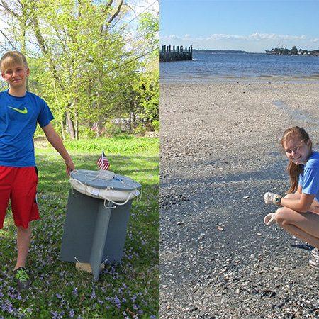 Left: 12-year old Kevin Telfer from Boston, MA, with the prototype drifter buoy he and a fellow science partner Harrison Reiter built and field tested for their science fair project titled, “Deployment of a Drifter Buoy in the Sudbury River: Prototype Design and Results.” (Photo by Brian Telfer) Right: High school sophomore Elizabeth Smithwick from Jacksonville, FL, collects soil samples along the St. Johns River for her science fair project titled, “The Isolation, Examination, and Comparison of Hydrocarbon Degrading Bacteria in the St. Johns River.” (Photo provided by Elizabeth Smithwick)