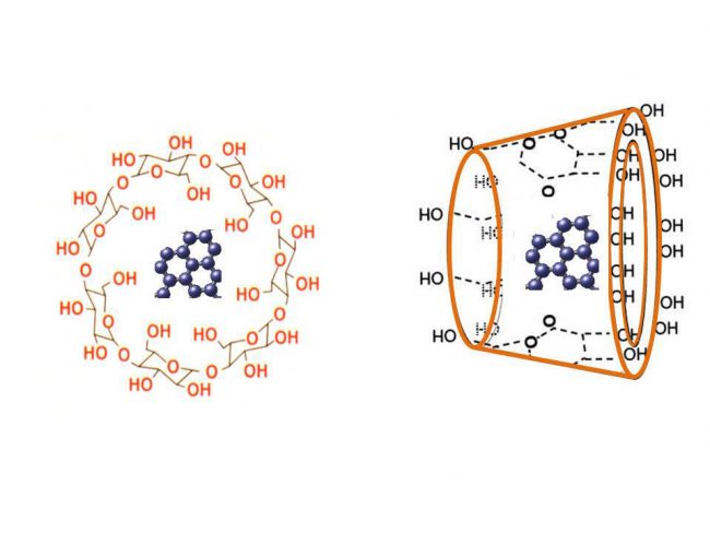 This image depicts the structure of a β –cyclodextrin host-guest complexation. The Plane View shows the seven glucose units in a B-cyclodextrin surrounding a guest PAH molecule. The 3-D view shows the non-polar interior and the circular polar exteriors. (Image provided by Heng Gao)