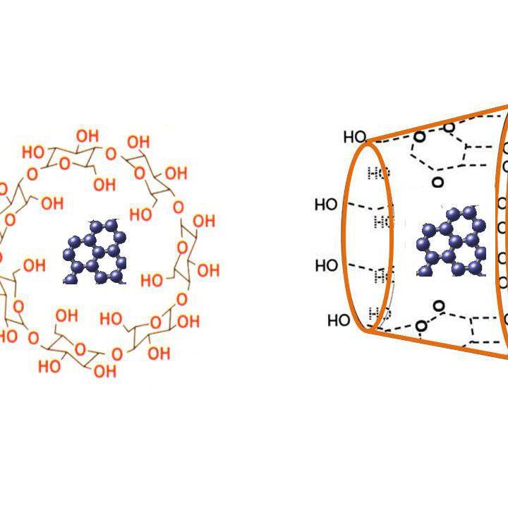 Gao_CD-PAHs This image depicts the structure of a β –cyclodextrin host-guest complexation. The Plane View shows the seven glucose units in a B-cyclodextrin surrounding a guest PAH molecule. The 3-D view shows the non-polar interior and the circular polar exteriors. (Image provided by Heng Gao)