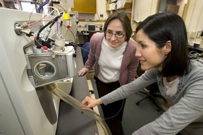 Kajawinski_TOM5027 Dr. Liz Kujawinski (left) and a research associate at WHOI monitor a specialized mass spectrometer that measures the individual weights of compounds in a complex mixture to help identify those present. (Photo by Tom Kleindist, Woods Hole Oceanographic Institution)