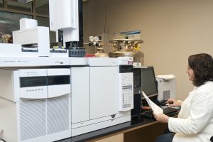 Mississippi State Chemical Laboratory residue manager and paper co-author Christina Childers analyzes data from seafood samples for PAH contamination using the Agilent 7000B Triple Quadrupole GC/MS/MS system. (Photo courtesy of Mississippi State University)