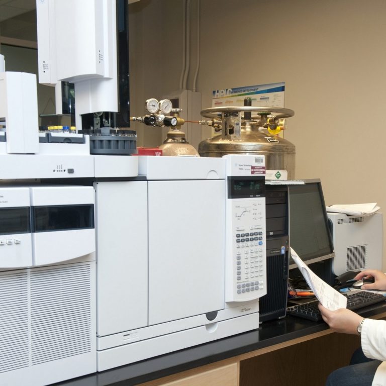 MSU Equipment_Childers GC_MS_MS Mississippi State Chemical Laboratory residue manager and paper co-author Christina Childers analyzes data from seafood samples for PAH contamination using the Agilent 7000B Triple Quadrupole GC/MS/MS system. (Photo courtesy of Mississippi State University)