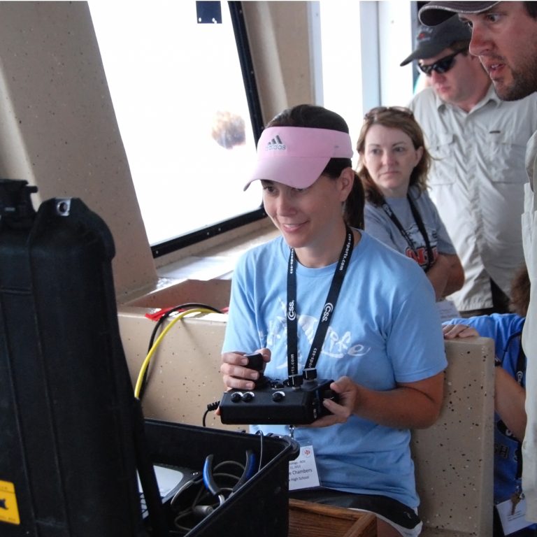 Fairview High School teacher Stephanie Chambers navigates an underwater ROV while out at sea aboard DISL’s R/V Alabama-Discovery. (Photo credit: Tina Miller-Way, DISL)