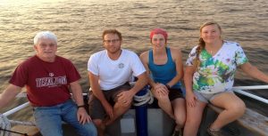 The sampling crew aboard the R/V Acadiana (L-R) Terry Wade (chemical oceanographer, TAMU and GISR), Matthew Rich (researcher, LUMCON and CWC), and graduate students Sarah Weber (Georgia Tech) and Joy Battles (University of Georgia). Photo provided by Brian Roberts.