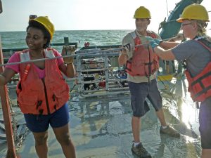 Summer Intern Charnelle Bland (L) and team up with Dr. Stan Locker (middle) to deploy the towfish on the R/V Weatherbird. (Photo courtesy of Deep-C)