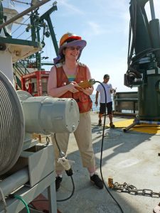 Teacher intern Dana Fields collected data from CTD (conductivity, temperature, and depth) divers on board a research vessel. She later graphed the results for FSU scientists to use in ongoing studies. (Photo courtesy of Deep-C)