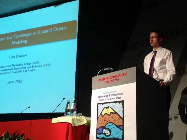 CARTHE_DawsonAwardPresenation Dr. Clint Dawson delivers his plenary speech on the challenges of coastal modeling at the SIAM Conference on Mathematical and Computational Issues in the Geosciences, where he was awarded the Career Prize in Geosciences. (Photo courtesy of CARTHE)