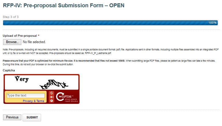 RFP-IV: Pre-proposal Submission Form - Section 3 Screenshot