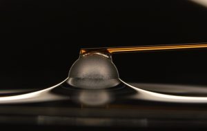 In this C-MEDS image, the force acting on a particle as it is moved across a fluid interface is measured by attaching a flexible rod to the particle. These results point the way toward designing particles that could more effectively stabilize oil droplets after an oil spill at sea. (Image by Wei He, University of Massachusetts)