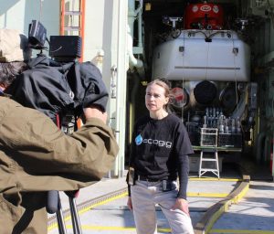 Scientist Samantha Joye on board the R/V Atlantis docked at Gulfport, MS talking to the media about their research expedition using the Alvin. (Photo courtesy of www.joyeresearchgroup.uga.edu/content/return-macondo)
