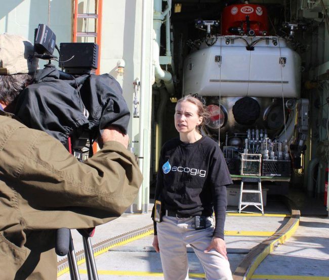 Scientist Samantha Joye on board the R/V Atlantis docked at Gulfport, MS talking to the media about their research expedition using the Alvin. (Photo courtesy of www.joyeresearchgroup.uga.edu/content/return-macondo)