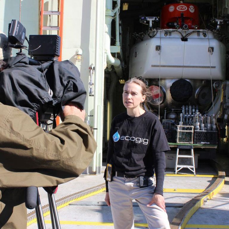 Scientist Samantha Joye on board the R/V Atlantis docked at Gulfport, MS talking to the media about their research expedition using the Alvin. (Photo courtesy of www.joyeresearchgroup.uga.edu/content/return-macondo)