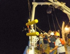 The Mola Mola returns to the deck of the RV Pelican, completing its rescue. (Photo from Adam Boyette’s blog)