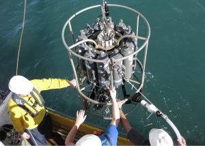 The research team steadies the CTD as it submerges into the Gulf of Mexico to collect water samples. (Photo provided by Wei-Jen Huang, UGA)
