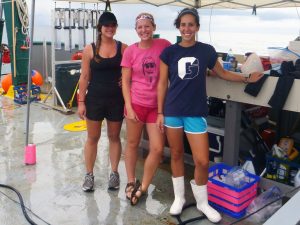Susan Snyder, Kristina Deak, and Elizabeth Herdter prepare for a day of fishing and sampling. (Photo credit: Steve Murawski)