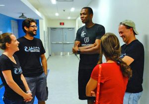 The CARTHE team chats with James Jones about the amazing experiences that the Crew 22 kids had during their week-long science camp. From L-R: CARTHE Outreach Manager Laura Bracken, post-doc Guillaume Novelli, Miami Heat Forward James Jones, CARTHE Director and Professor Tamay Ozgokmen, and Professor Josefina Olascoaga. (Photo provided by CARTHE