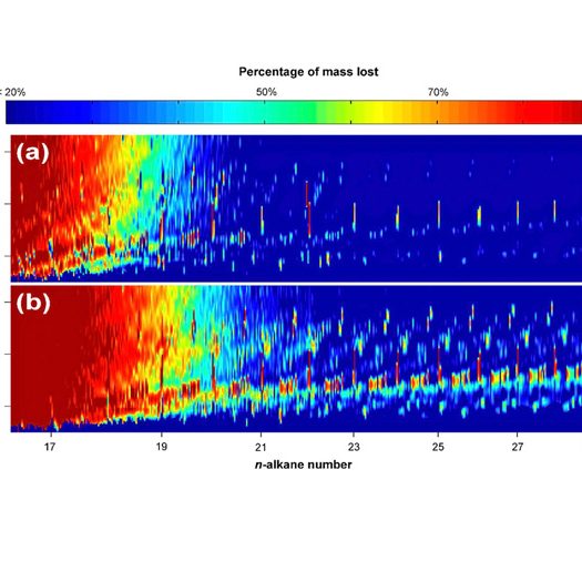 Deep-C_PercentageMassLost-FEATURED In this image, two weathered-oil chromatograms are compared: the top is a less-weathered sample and the bottom is a more-weathered sample. To visualize trends of compound mass losses, researchers compared percent mass loss chromatograms (PMLCs), which correspond to the percent of signal lost from the weathered-sample chromatograms relative to the original Macondo Well oil chromatogram, computed for each pixel. PMLCs allow comparisons within compound classes. (Image credit: Jonas Gros, Swiss Federal Institute of Technology at Lausanne)