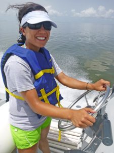 Maria Vozzo traveled each of the four Barataria Bay study sites – Hackberry Bay, Bay Jimmy, Grand Isle, and Grand Terre – during each field day. (Photo credit: Annette Hebert)