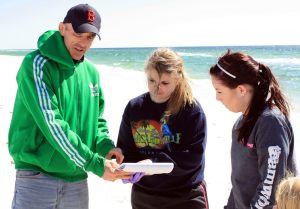 Marine chemist Chris Reddy talking with his high school “colleagues” at a Florida beach. (Photo provided by Deep-C)