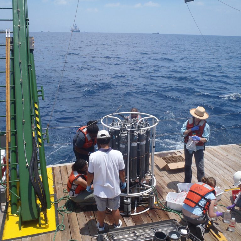 ECOGIG_Crespo-Medina_CTD-sampling Students and post-doctoral researchers from the University of Georgia, the University of North Carolina, the University of California and the University of Southern Mississippi collect water samples from the niskin bottles on the CTD rosette for methane and other geochemical analyses. Lead author Melitza Crespo-Medina is on the far bottom left. (Photo by Samantha Joye)