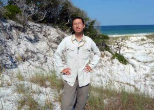 Xuan uses an aspirator to collect ants from coastal dunes in Florida’s T.H. Stone Memorial St. Joseph Peninsula State Park. (Photo provided by Xuan Chen)