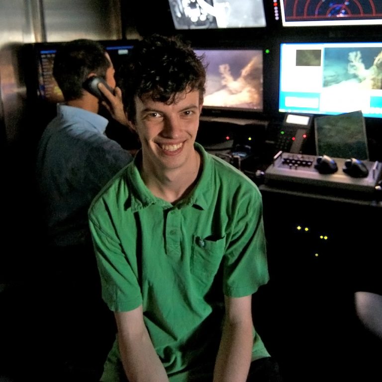 Richard Dannenberg on the R/V Falcor during an ROV dive to study Gulf coral beds. (Image credit: Schmidt Ocean Institute)