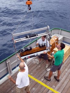 Conor (far right), Mark Graham (right), and Texas A&M – Corpus Christi environmental scientist Derek Bogucki (left) lower an optical turbulence sensor overboard to sample micro variations in temperature near the ocean surface. (Photo credit: David Nadeau)