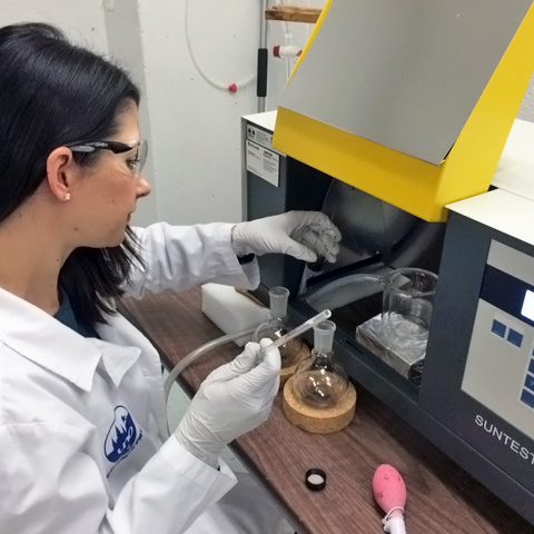 RFP-II_PhoebeRay Researcher Phoebe Ray prepares a mixture of oil and water for exposure to simulated sunlight. (Photo by Matthew Tarr)
