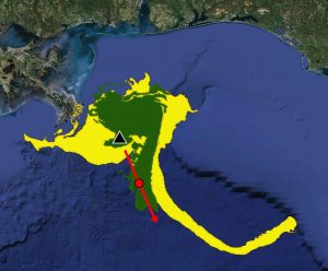 This image incorporates data on Lagrangian coherent structures or LCS (in red) onto a simulation of the oil slick (in green) following the Deepwater Horizon oil spill. Data from the LCS-core analyses forecasted the subsequent formation and movement of the oil slick (in yellow) sometimes referred to as the “tiger tail.” (Image by Dr. Maria Josefina Olascoaga. Data acknowledgement to Geoffrey Samuels and the Center for Southeastern Tropical Advanced Remote Sensing (CSTARS) in Miami, FL)