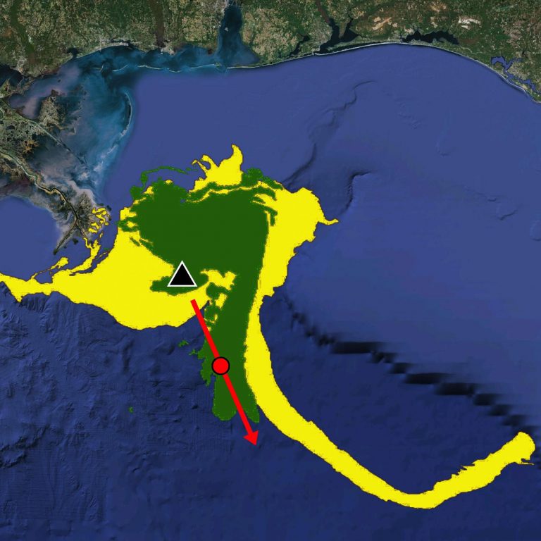 Olascoaga_tiger tail image This image incorporates data on Lagrangian coherent structures or LCS (in red) onto a simulation of the oil slick (in green) following the Deepwater Horizon oil spill. Data from the LCS-core analyses forecasted the subsequent formation and movement of the oil slick (in yellow) sometimes referred to as the “tiger tail.” (Image by Dr. Maria Josefina Olascoaga. Data acknowledgement to Geoffrey Samuels and the Center for Southeastern Tropical Advanced Remote Sensing (CSTARS) in Miami, FL)
