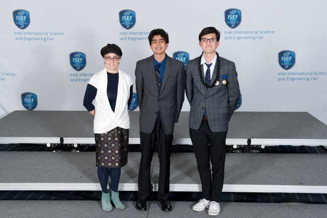 17860502201_603ecc9864_k Ocean Leadership awardees at the ceremony May 14 with staff member Sharon Cooper. From left, Sharon Cooper, Sahil Veeramoney, Christopher Lindsay. (Photo Credit: Intel ISEF)