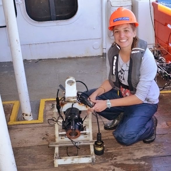 ScholarJohansen_CameraSystem Caroline Johansen displays one of her camera systems that was lost for 9 months and found after three days of searching the seafloor. (Photo provided by Johansen and taken by a crew member of the R/V Pelican)