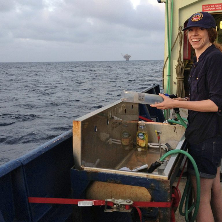 SimisterStudy_sediment Rachel Simister (lead author of the study) prepares sediment cores on a research cruise in the Gulf of Mexico. (Photo credit: H. White)