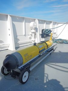 The Slocum glider is an autonomous underwater vehicle (AUV) that is a low-cost (relative to surface ships) platform for collecting water column data. It can spend weeks moving in a sawtooth pattern collecting data with sensors that monitor parameters such as salinity and dissolved oxygen. (Photo provided by CONCORDE)